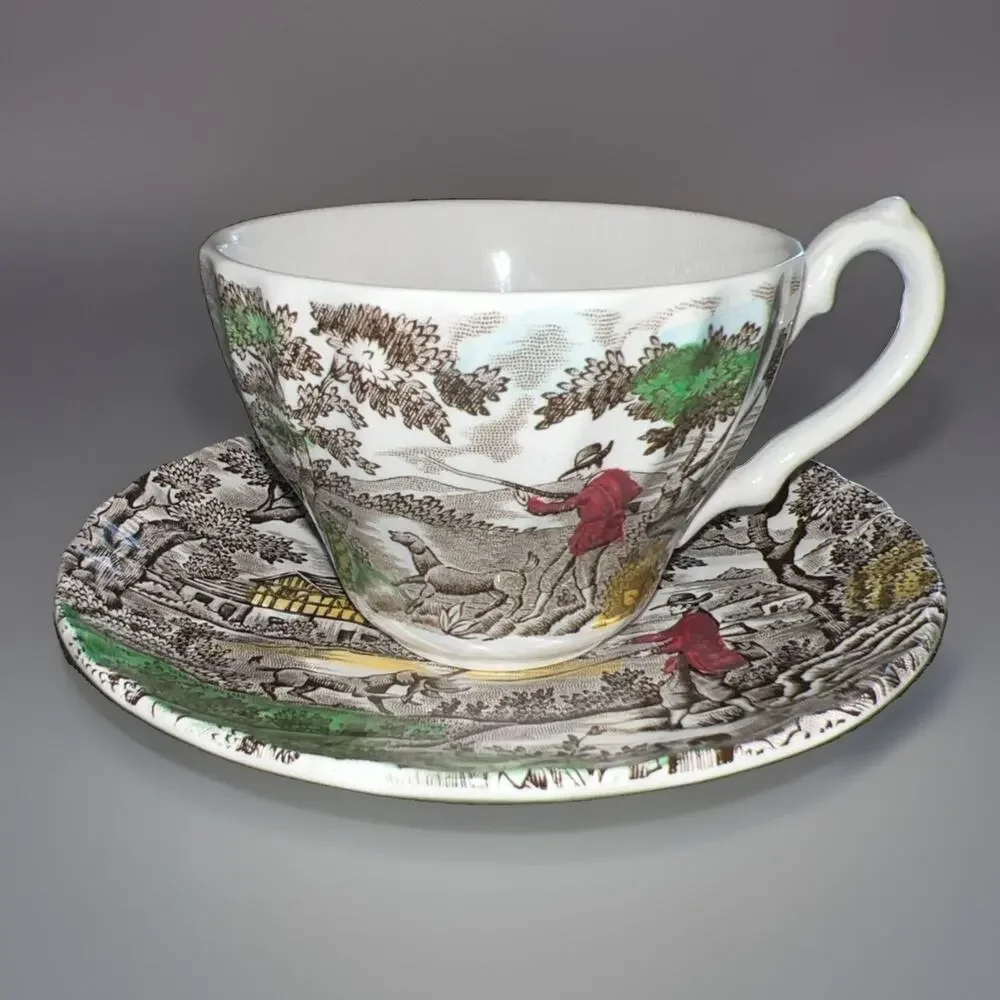 Franciscan Staffordshire England The Hunter MCM Multicolor Teacup & Saucer Set